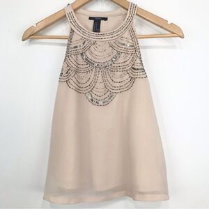 Forever 21 Cream Silver Sequin Beaded Halter Holiday Tank Blouse NEW